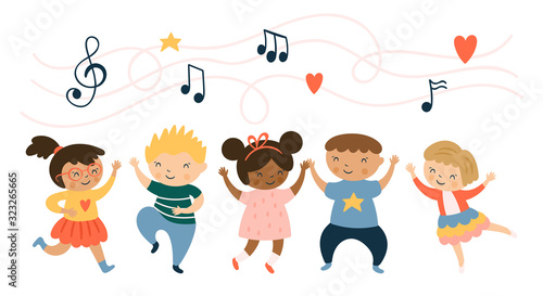 Cute children characters dancing and enjoying music. Childish print for card, stickers and party invitations.