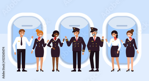 Airplane flight crew character design. Pilot and stewardress flat vector illustration