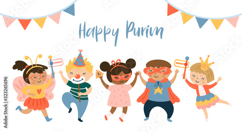 Purim carnival greeting card design with cute children characters. Childish print for card, stickers and party invitations. Vector illustration