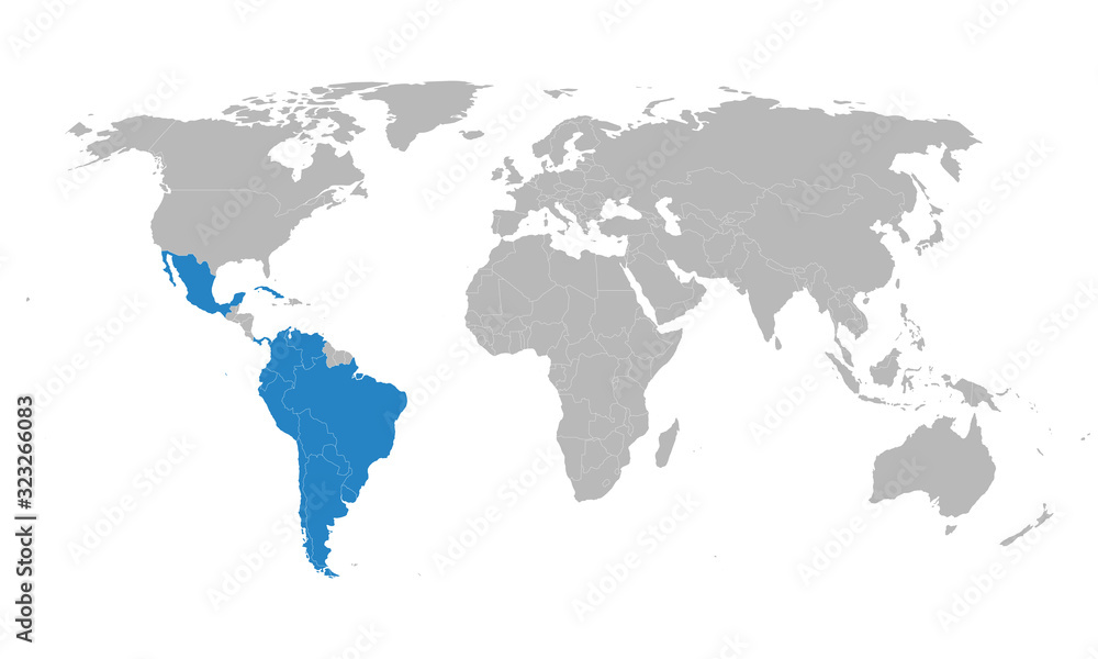 Latin American Integration Association countries map highlighted on world map. Social and economic development. Business concepts.