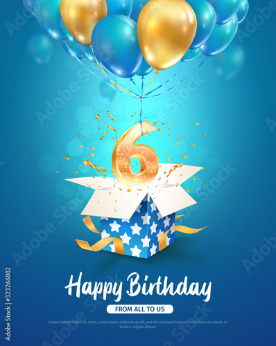Celebrating of 6 th years birthday vector 3d illustration. Sixth anniversary celebration. Open gift box with explosions confetti and number six flying on balloons on light background