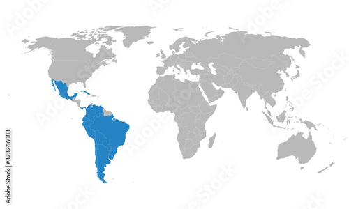 Latin American Integration Association countries map highlighted on world map. Social and economic development. Business concepts.