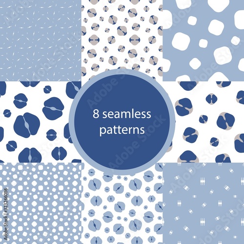Set of eight seamless backgrounds with abstract blue flowers, wands, rounded squares. Simple vector geometric background for paper design, website, for fabric, wallpaper. Randomly positioned shapes