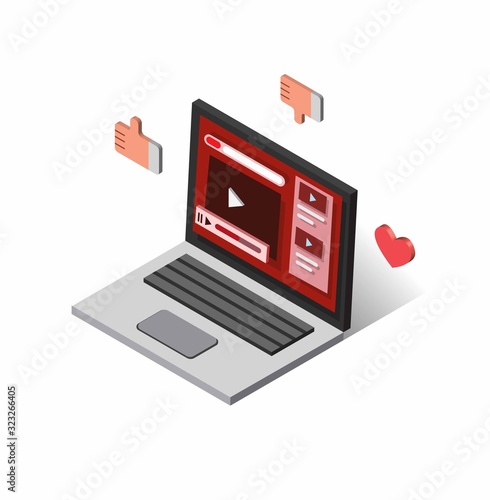 laptop with video streaming website with love tumbs up and down icon in isometric flat illustration vector isolated in white background