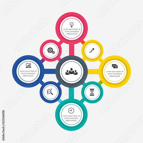 Business Infographic presentation template with 3, 4, 5, 6 options, parts, steps. Diagram, graph, round chart.