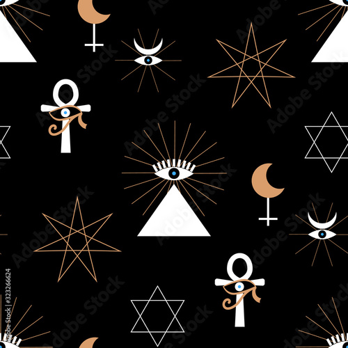 Esoteric symbol pattern design with Egypt old god, eye of Horus,  eye of Ra, Lilith icon, pyramid, ankh symbol, pentagram,  pentacle and sun