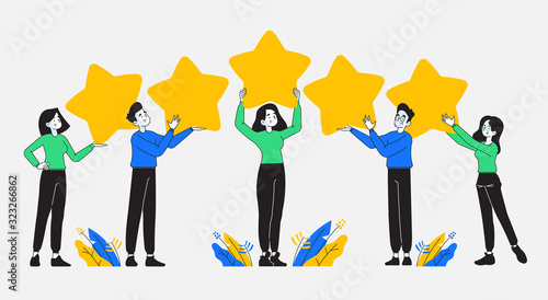 Feedback, customer review and rating concept. Young and happy people holding feedback stars over their heads, vector illustration