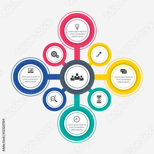 Business Infographic presentation template with 3, 4, 5, 6 options, parts, steps. Diagram, graph, round chart.