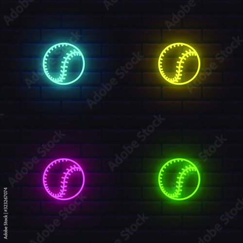 Photography set of bright shining neon icons of baseball balls