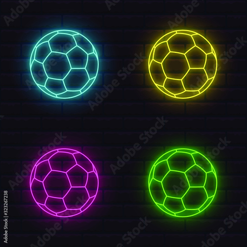  set of bright shining neon icons of football balls