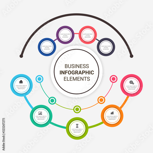 Business Infographic presentation template with 3, 4, 5, 6 options, parts, steps. Diagram, graph, round chart.