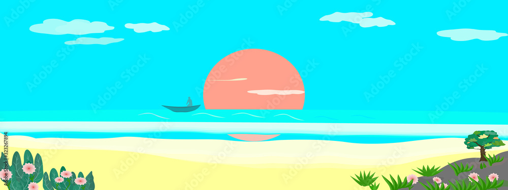 Landscape with sea golden sand and trees panorama vector illustration graphic design abstract background pattern 
