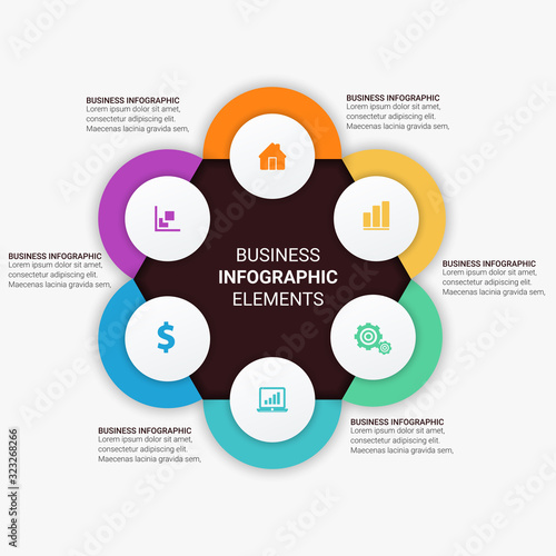 Business Infographic presentation template with 3, 4, 5, 6 options, parts, steps. Diagram, graph, round chart.