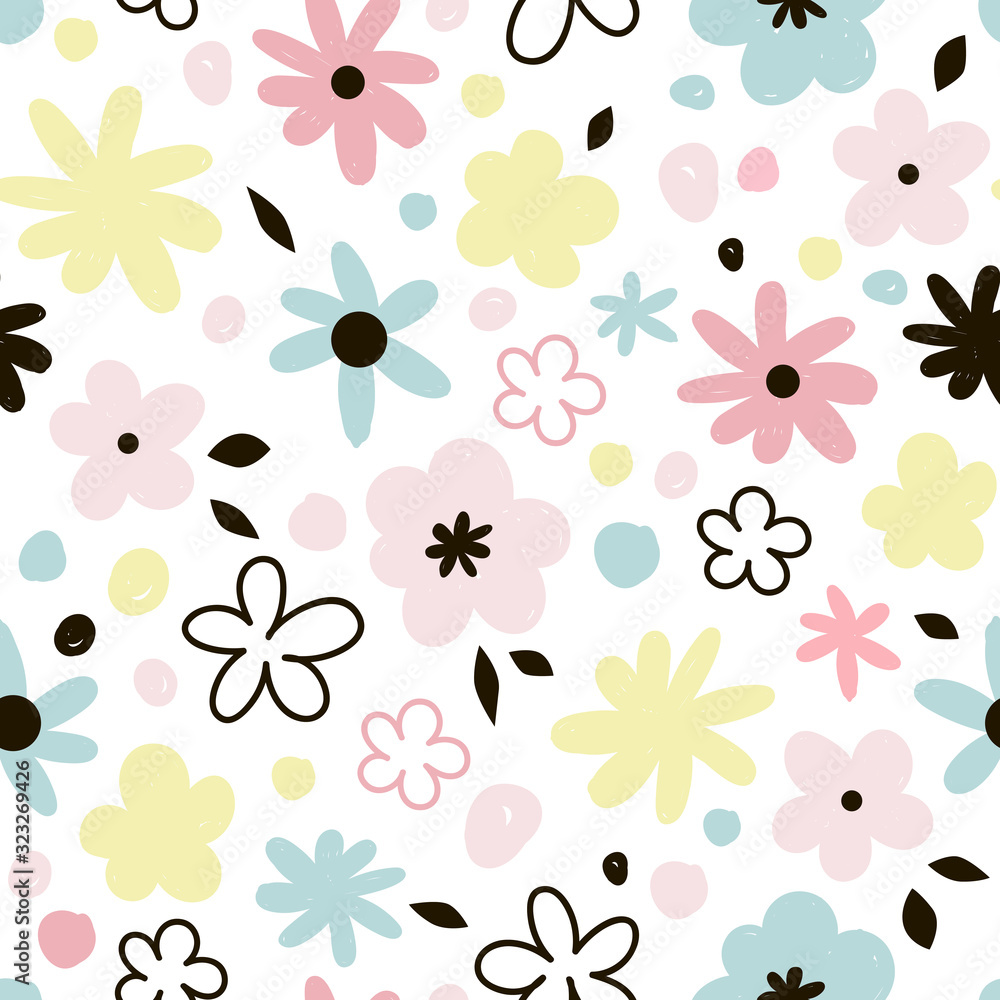 Spring blooming floral vector seamless pattern. Hand drawn doodle pastel flowers. Happy Easter colourful background.
