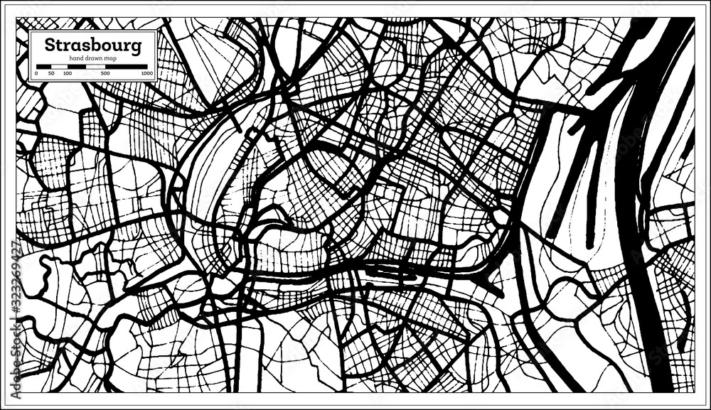 Strasbourg France Map in Black and White Color.