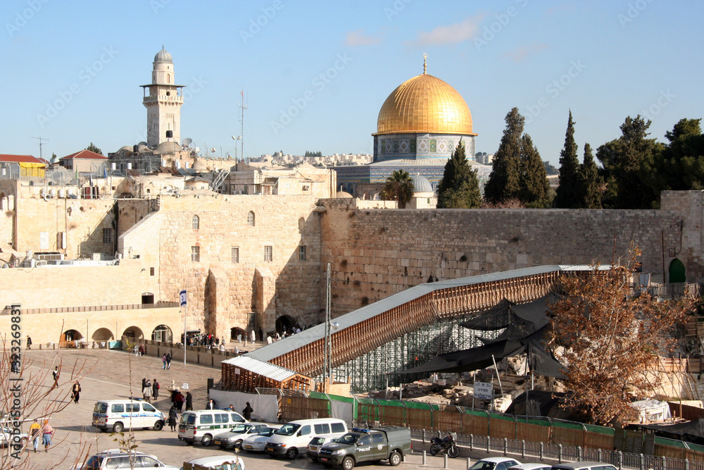 Western wall and main blue mosque in Jerusalem