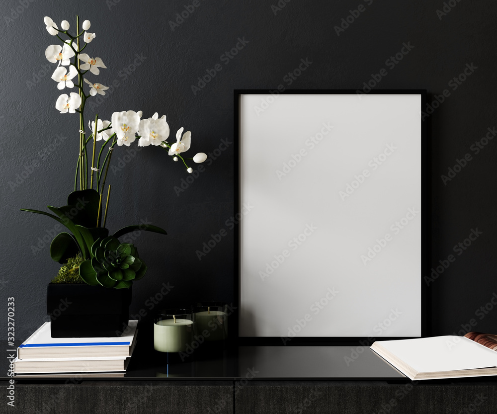 Mockup poster frame in modern black interior background, Scandinavian style, 3D render, 3D illustration - obrazy, fototapety, plakaty 