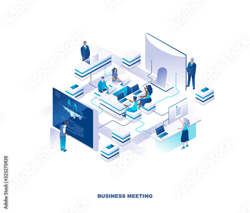 Business meeting isometric landing page. Concept with group of clerks or employees sitting around table at office and standing at giant computer screens or control panels. Modern vector illustration.