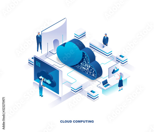 Cloud computing service isometric landing page. Concept of innovative technology for file storage, data center, database, storing digital information on internet. Vector illustration for website.
