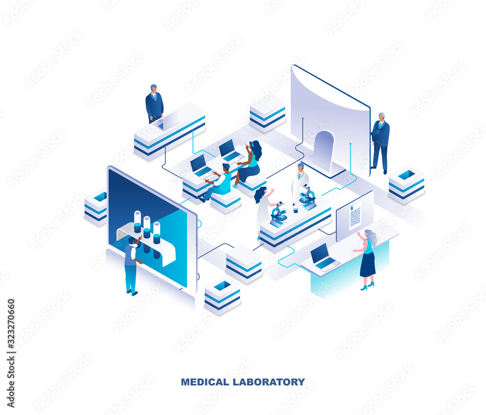 Medical laboratory isometric landing page. Concept of scientific research in medicine or pharmaceutics with medics, researches or scientists working in lab. Vector illustration for advertisement. Medical laboratory isometric landing page. Concept of scientific research in medicine or pharmaceutics with medics, researches or scientists working in lab. Vector illustration for advertisement.