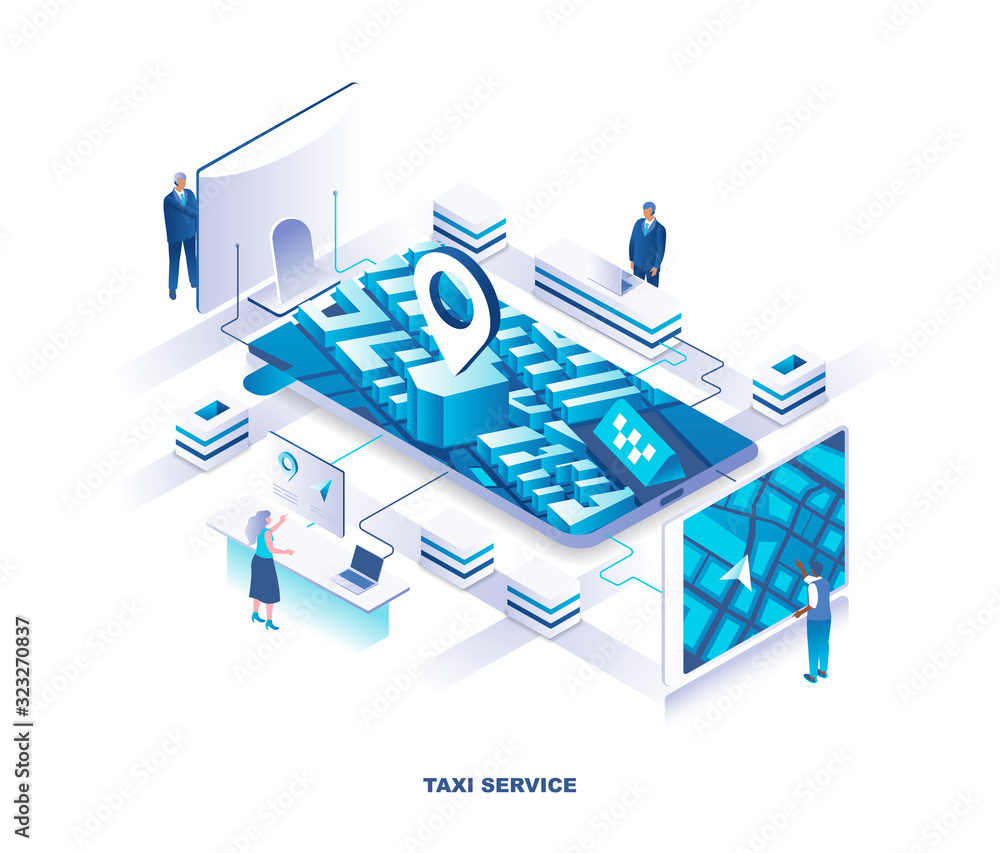 Mobile application for taxi or cab booking service isometric landing page. Concept with tiny people stand around giant smartphone with city map on screen. Modern vector illustration for promotion. Mobile application for taxi or cab booking service isometric landing page. Concept with tiny people stand around giant smartphone with city map on screen. Modern vector illustration for promotion.