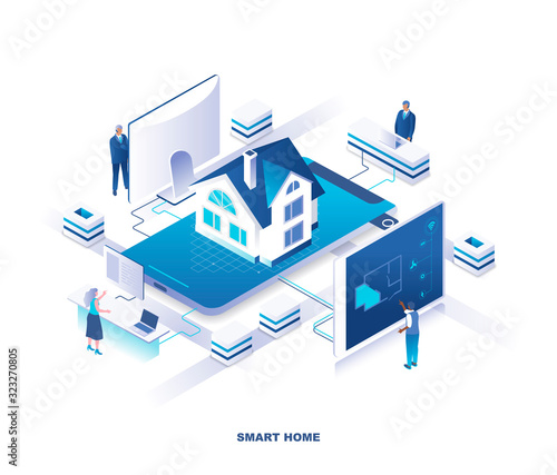 Smart house system isometric landing page. Concept of home automation or digital control technology with tiny people at electronic panels around residential building. Modern vector illustration.