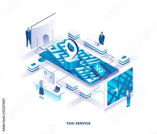 Mobile application for taxi or cab booking service isometric landing page. Concept with tiny people stand around giant smartphone with city map on screen. Modern vector illustration for promotion.