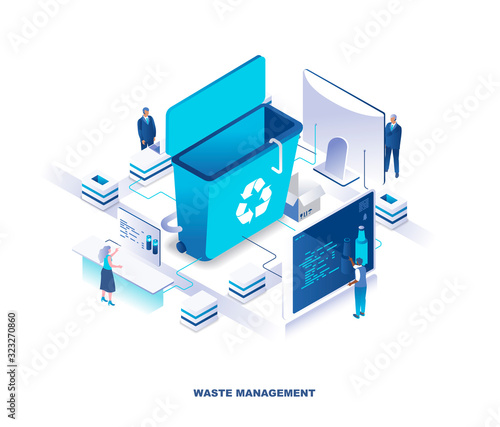 Waste management or disposal service, recycling technology isometric landing page. Concept with tiny people stand around giant trash bin and sorting garbage. Modern vector illustration for website.