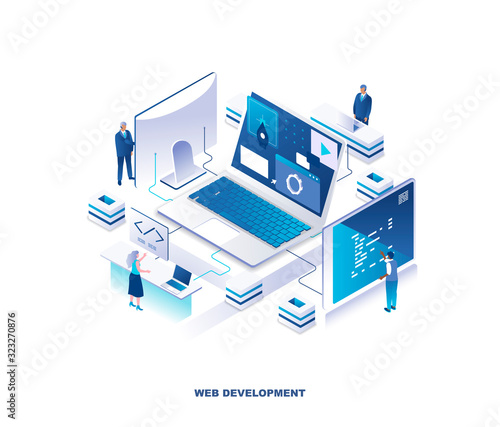 Front-end and back-end web development, programming, coding isometric landing page. Concept with programmers or coders working on computers around giant laptop. Modern vector illustration for website.