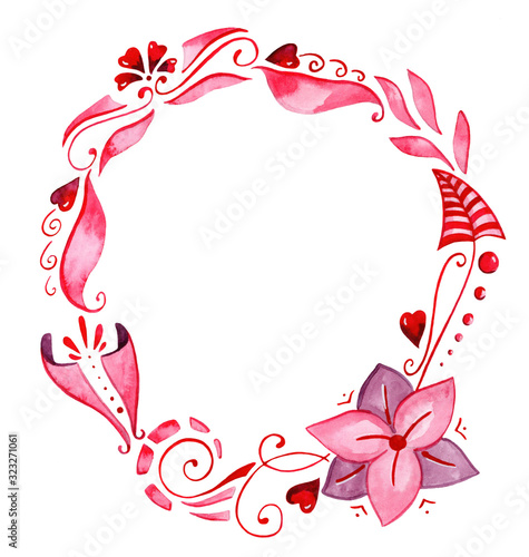 Pink decorative frame, with flowers, petals, drops, hearts.