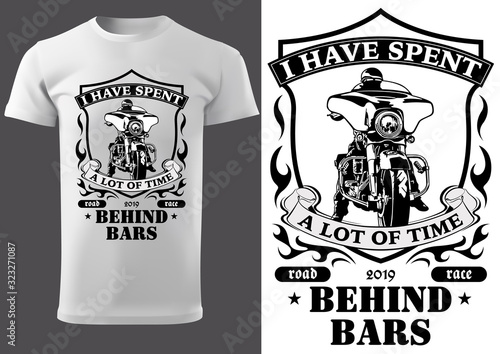 White T-shirt Design with Motorcyclist and Inscriptions - Graphic Design for Printmaking T-shirt or Poster and etc., Vector