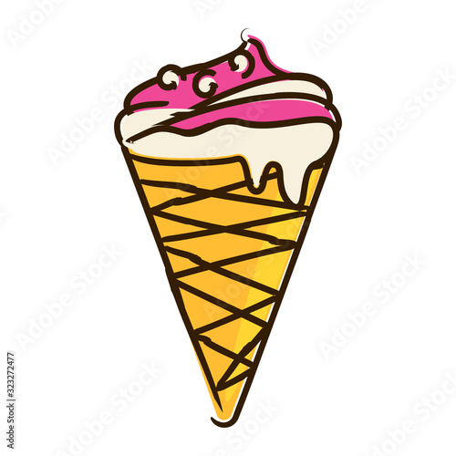 Ice Cream doodle icon, waffle cone with white and pink ice cream and topping