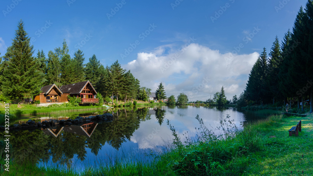 Fototapeta premium A lovely little cottage near a small lake in a France countryside during morning time. a tranquil scenery with a perfect reflection.