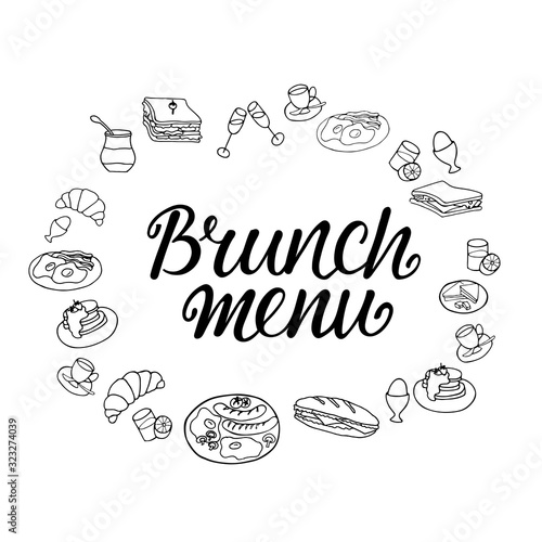 Brunch menu - hand drawing font text with doddle illustrations for food service place, restaurant, cafe, bar, bistro. Modern calligraphy heading isolated on white background. EPS10