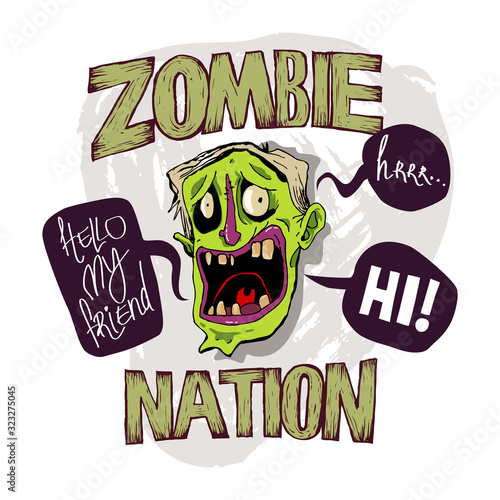 Comic style green zombie image, zombie nation. Color illustration, it can fit as a print on a T-shirt, poster, banner, design of publications and branded products.