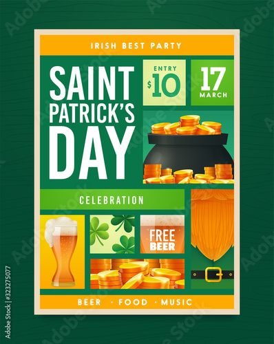 Saint Patrick's Day party poster design. Nightclub invitation. Patricks Day flyer, brochure, holiday invitation, corporate celebration Vector illustration