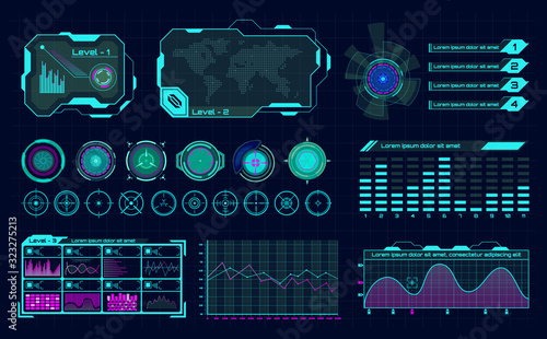 Futuristic hologram ui. Infographic graph interface, virtual hud frames and digital bar regulator, science hologram buttons vector icons. Future dashboard with chart and panel, hi-tech cyber concept