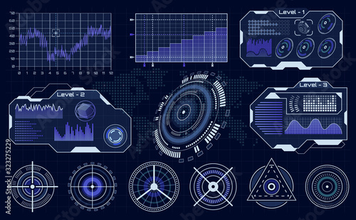 Futuristic hud interface. Technological hud hologram, loading diagnostic display, digital infographic ui elements vector set. Virtual reality device visualization, gaming interactive control panel