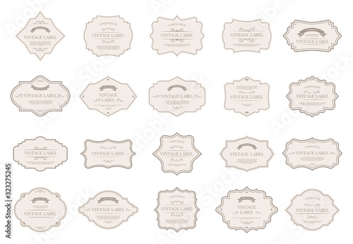 Vintage tag labels. Ornamental retro badges, decorative frame shapes and elegant label for wedding invitation card design elements vector isolated icon set. Victorian style sale paper stickers