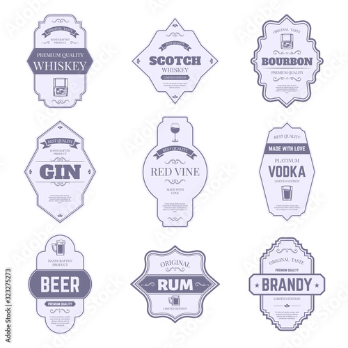 Alcohol bottle labels. Traditional alcohol stickers, vintage bourbon and gin bottle emblem, bar drink packaging tags vector isolated symbols set. Wine, whiskey and beer, scotch and brandy, vodka badge