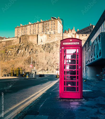 Red telephone box at Edinburgh Castle, Scotland