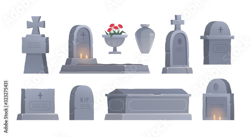 Graves set. Cemetery elements. Graveyard tombstone. Funerary urn. Urn for ashes. Vector isolated illustration 