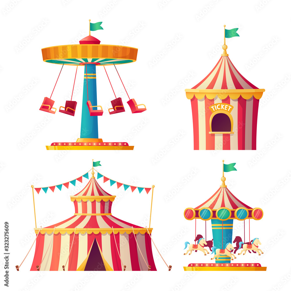 Circus elements set. Circus tent, carousels, cashbox on white background. Vector illustration