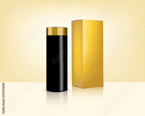 Bottle Mock up Realistic Gold Cosmetic and Box for Skincare Product or Drink Packaging Background Illustration. Health Care and Medical Concept Design.