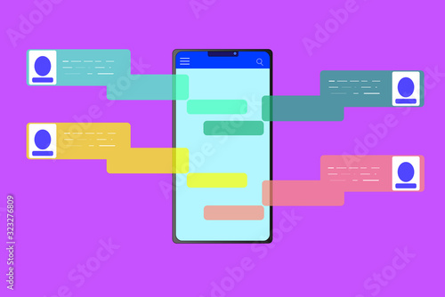 Online group conversation concept. Picture of mobile phone with chat message notifications. Mobile messenger. Flat style illustration.