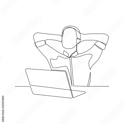 Continuous line drawing of businessman thinking and dreaming with laptop. Vector illustration.