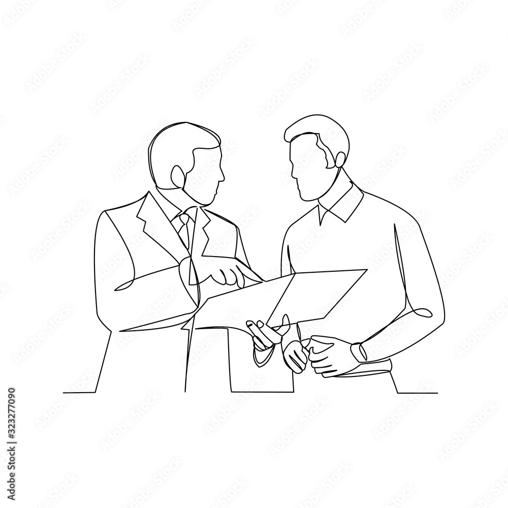 Continuous line drawing of two businessman talking and discuss about document. Vector illustration.