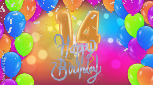 Birthday 14 years anniversary logo template design on background balloons