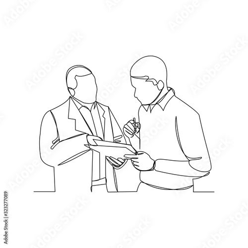 Continuous line drawing of two businessman talking and discuss about document. Vector illustration.