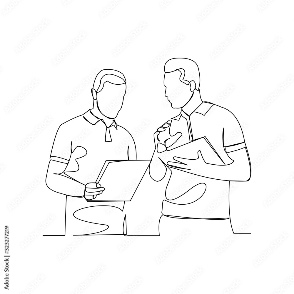 Continuous line drawing of two businessman talking and discuss about document. Vector illustration. Continuous line drawing of two businessman talking and discuss about document. Vector illustration.